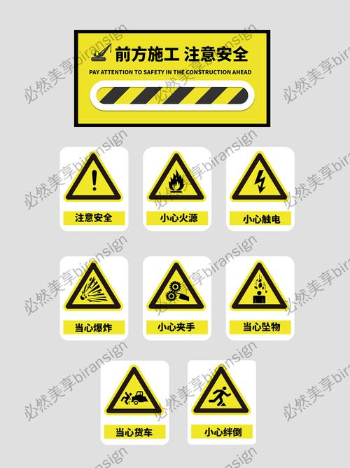 好看的黄色前方施工安全警示牌素材下载,本次作品主题是标识导视设计